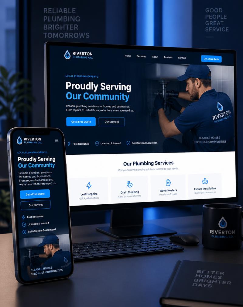 Local plumbing company website shown on a desktop monitor and smartphone